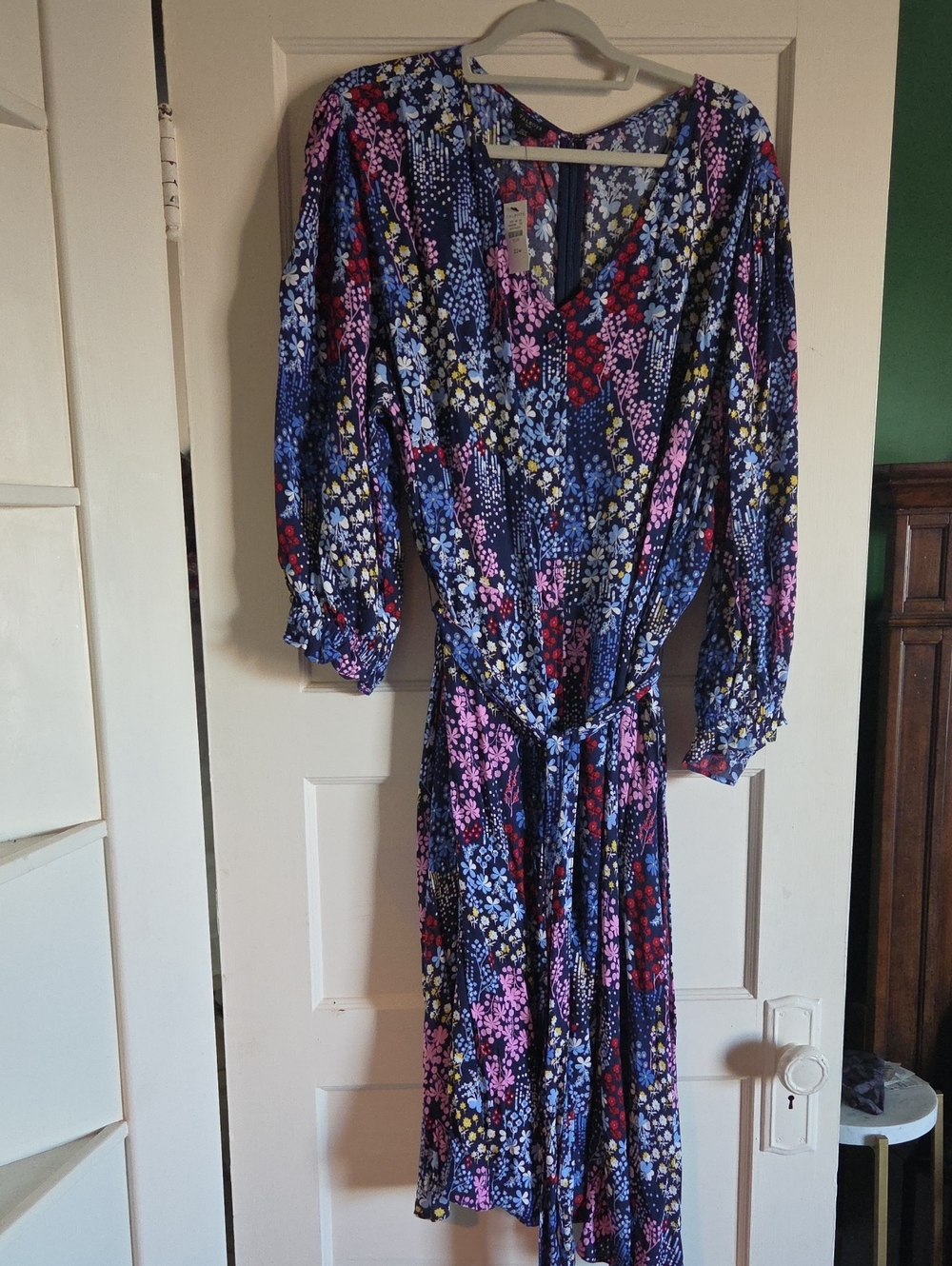 Talbots Navy Floral V-Neck Long Sleeve Midi Dress